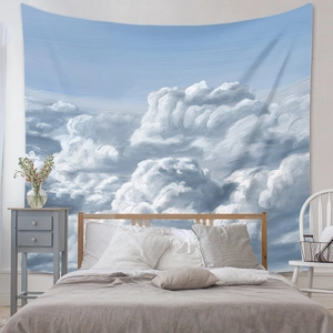 Detail of oil painting style tapestry with blue sky and white clouds for bedroom wall