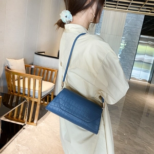 Blue crocodile pattern baguette underarm bag with slim shoulder strap for women