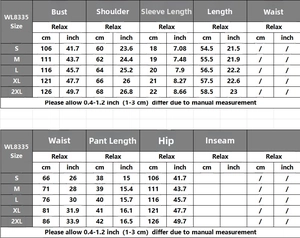 Detailed size chart for women casual loungewear set with top and bottom measurements