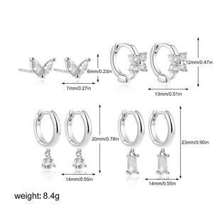 Detailed size chart showing silver zircon earrings dimensions from 6mm to 23mm