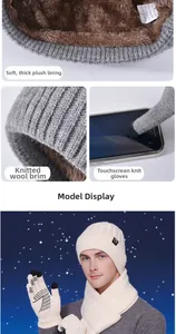 Detail view of winter knit hat fleece lining and touch screen gloves for cold weather