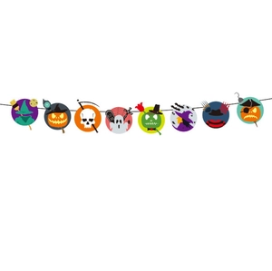Detail of Halloween banner featuring cartoon witch, pumpkin and skull on round cards