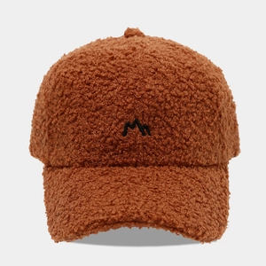 Winter brown sherpa fleece baseball cap with black mountain peak embroidery logo