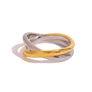 Minimalist 18K Gold Plated Stainless Steel Intertwined Ring Geometric Two-Tone Gold Silver Twisted Band For Women Daily Jewelry