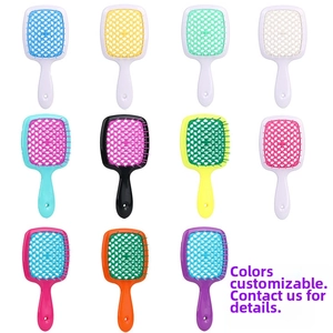 Detailed array of hollow honeycomb hair brushes in eleven vibrant color combinations