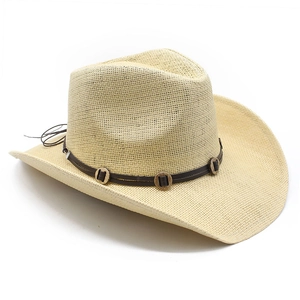 Handwoven straw jazz hat with wide brim and leather band with round metal accessories