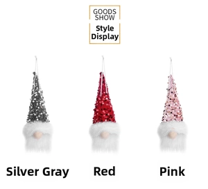 Three sequined Christmas gnome ornaments in grey, red, and pink for tree decoration