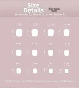 Detailed size chart for short square press-on nails with 12 dimensions and 24 pieces in total