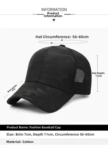 Detail view of black camouflage baseball cap with breathable mesh back and cotton panels
