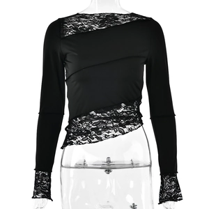 Women's black slim fit long sleeve T-shirt with elegant lace patchwork design
