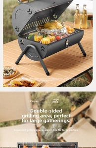 Dual-sided portable charcoal grill showing spacious interior with corn and chicken for camping