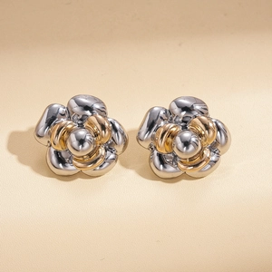 Minimalist metallic flower stud earrings in gold and silver finish for women