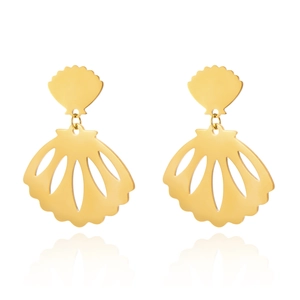 Pair of gold stainless steel shell earrings with fan-shaped design on white background