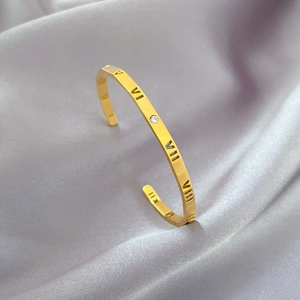 Detail of gold titanium steel bangle featuring Roman numerals and a small diamond