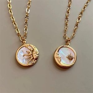 Sun Moon Pendant Necklace Brass 14K Gold Plated Mother Of Artificial Pearl Shell Zircon Celestial Clavicle Chain Jewelry For Women