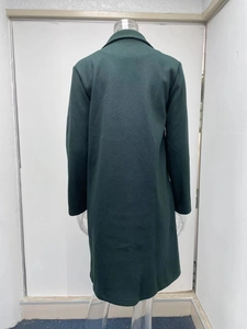 Back view of a long dark green wool coat with a classic notched lapel and straight cut