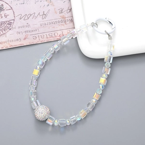 Luxurious iridescent crystal beaded phone strap with diamond-encrusted sphere and metal clasp