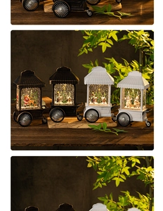Close-up of vintage Christmas snow globe lantern with Santa and snowman scenes
