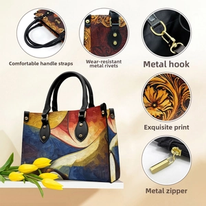 Detail view of colorful oil painting print tote bag with gold rivets and zippers