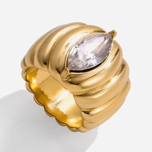 Bague En Acier Inoxydable Plqué Or 18K Marquise Zircon Bande Nervurée Bijoux Minimalistes Vintage Français Pour Femmes