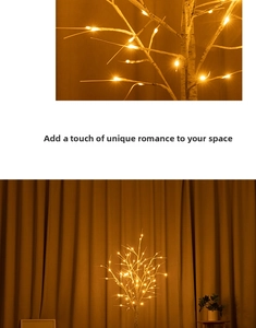 Detail of birch tree lamp with warm yellow LED lights for cozy home decoration