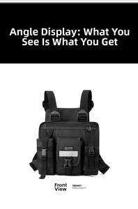 Tactical chest bag detail showing water-resistant fabric and MOLLE system with reflective strap