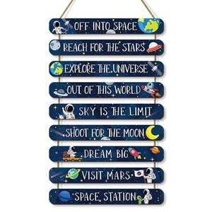 Space-themed kids room wooden wall decor with astronaut illustrations and quotes
