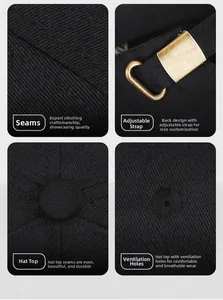 Details der schwarzen Baseballkappe mit Metallschnalle und feinen Nähten auf Twill-Stoff