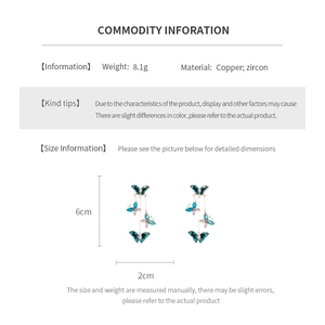 Detailed specs for butterfly tassel earrings with copper, zircon, 6cm length and 8.1g weight