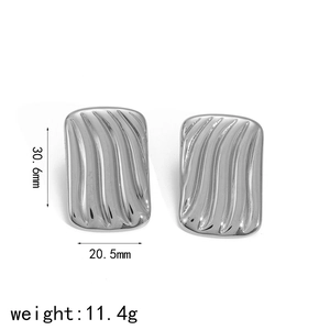 Silver wavy texture stainless steel rectangle hoop earrings measuring 30.6mm by 20.5mm