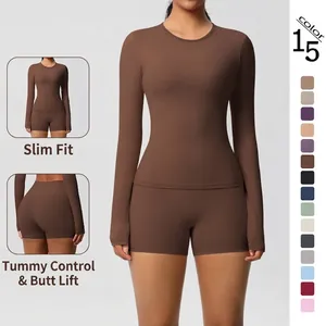 Women Nylon Spandex Yoga Set Top And Bottom High Waist Shorts Brushed Long Sleeve Sports Suit For Running Fitness Gym Training