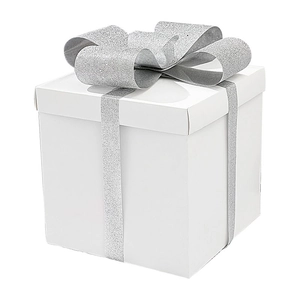 Elegant white square Christmas gift box with decorative silver glitter ribbon and bow