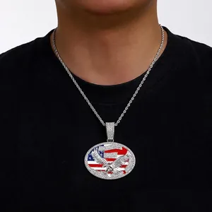 Collier Hip Hop Pendentif Aigle Drapeau USA Iced Out Strass Alliage Chaîne Torsadée Pour Hommes Streetwear
