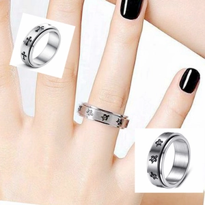 Rotating stainless steel spinner ring with cross and turtle patterns for anxiety relief