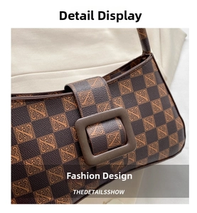 Detail view of brown checkerboard vintage shoulder bag with matte finish hardware buckle