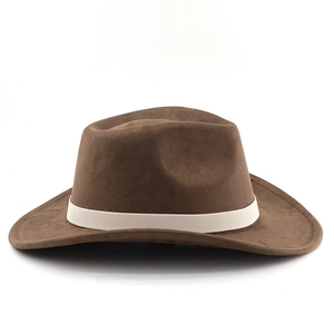 Detailed texture of brown suede cowboy hat with cream woven band on white background