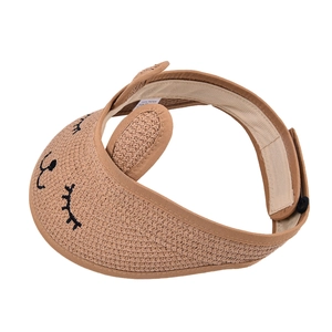 Kids khaki paper straw visor hat with cute bunny ears and embroidered cat face
