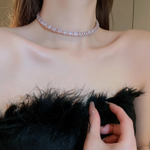 Elegant oval necklace with pink and white cubic zirconia on a silver metal base