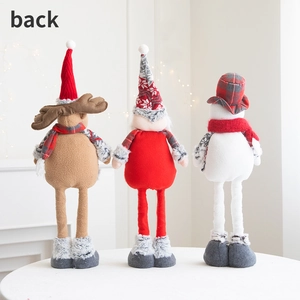 Rear view of festive plush Santa, reindeer, and snowman dolls with telescopic long legs