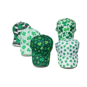 St. Patrick's Day baseball caps featuring shamrock patterns in various colors and styles