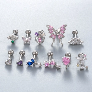 Set of stainless steel cartilage studs with heart, flower, and butterfly zircon designs