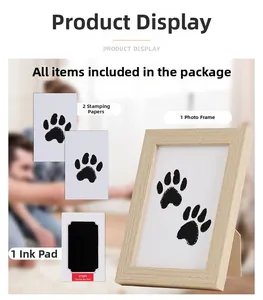 Pet paw print keepsake kit featuring a wooden frame with ink pad and impression cards