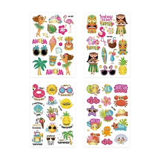 Kids Hawaii Aloha gold foil temporary tattoos set with flamingo and tropical fruit designs