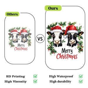 Comparison showing high-quality waterproof Christmas cow stickers versus low-quality versions