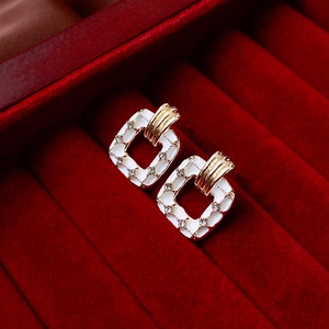 French vintage gold earrings with white enamel heart and sparkling crystals for women