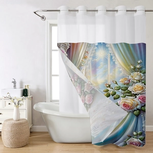 Close-up of waterproof polyester shower curtain with floral print and metal grommets