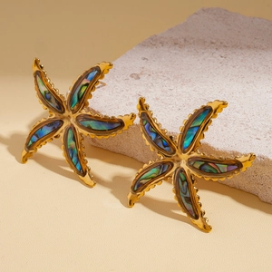 Detailed close-up of golden starfish earrings with iridescent abalone shell inlay