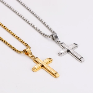 Minimalist double layer stainless steel cross pendant necklaces in gold and silver finish