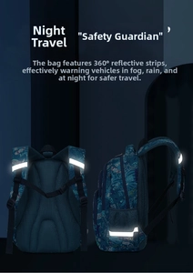 Detail of school backpack with 360-degree reflective strips for nighttime safety