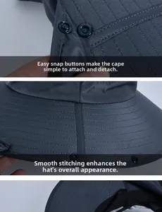 Détail du chapeau gris montrant les boutons-pression et les coutures de précision